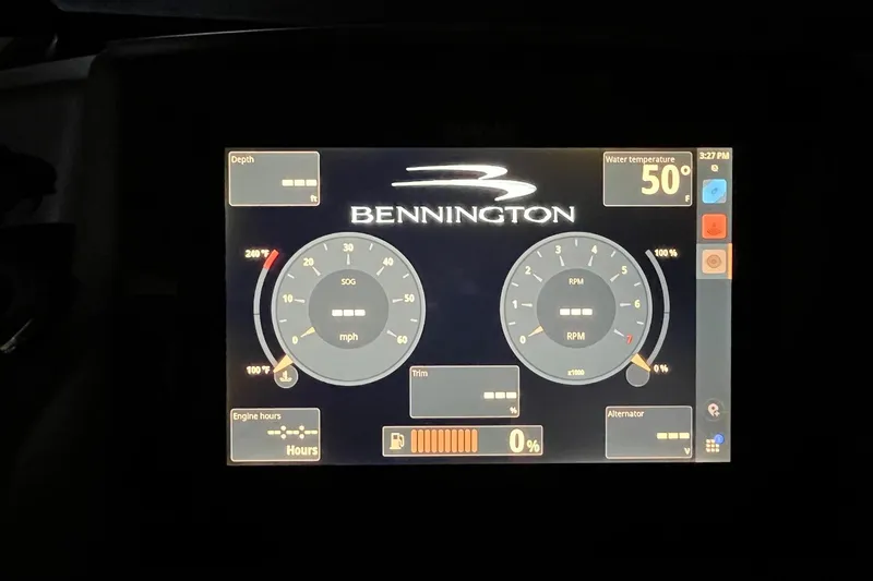 Slide: The Image of Dashboard display of 2024 Bennington 25 QSBWA boat showing speed, RPM, and water temperature. - 44