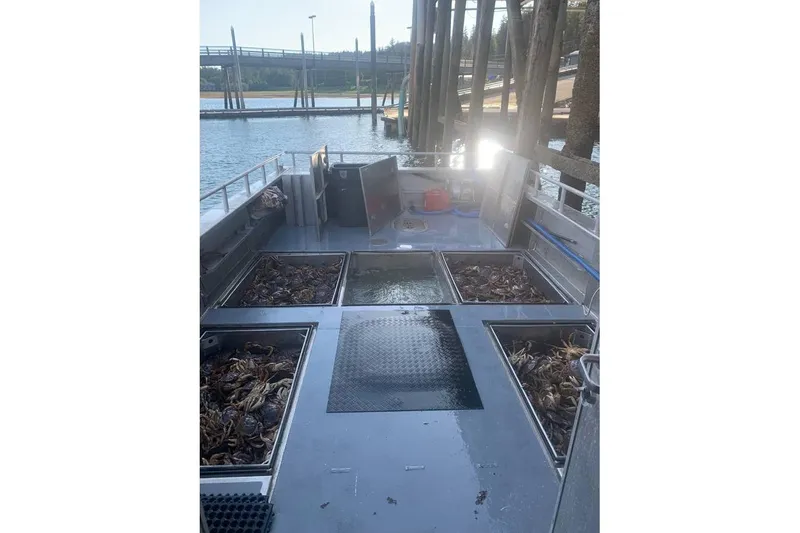 Slide: The Image of Custom 2021 Aluminum Crabber boat with crabs in compartments, docked by wooden pier. - 10