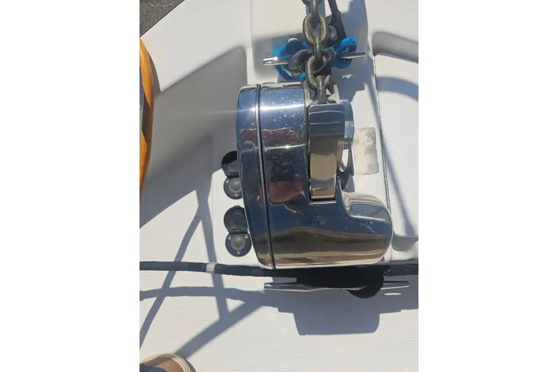 Slide: The Image of Chrome anchor winch on 2014 Ranger Tugs R-27 boat deck. - 33