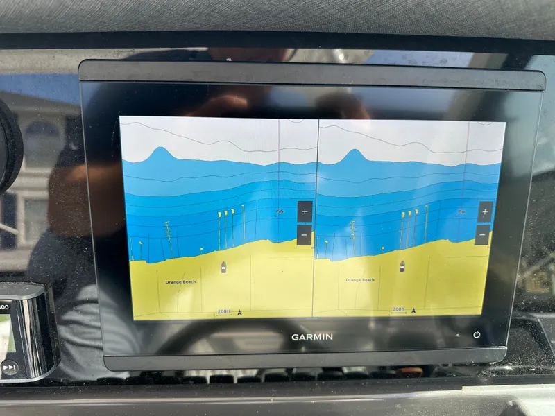 Slide: The Image of Garmin display on Blackfin 252 DC boat, showing Orange Beach nautical chart. - 31