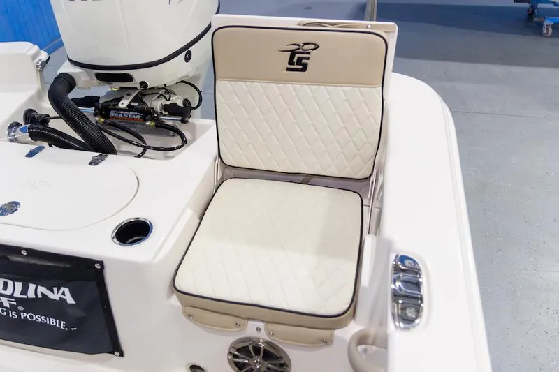 Slide: The Image of Manufacturer Provided Image: 2026 Carolina Skiff 23 LS boat seat with quilted design and logo. - 16