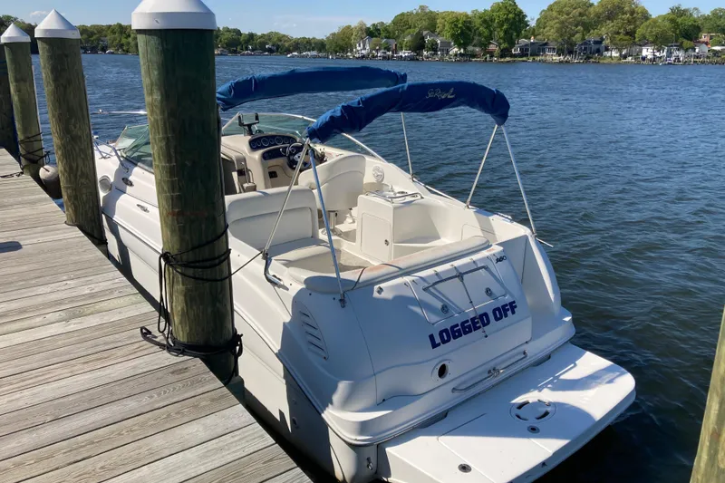 Slide: The Image of 2002 Sea Ray Sundancer 260 docked by a serene waterfront, featuring a blue canopy. - 1