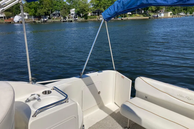 Slide: The Image of 2002 Sea Ray Sundancer 260 boat interior with lake view and blue canopy. - 28