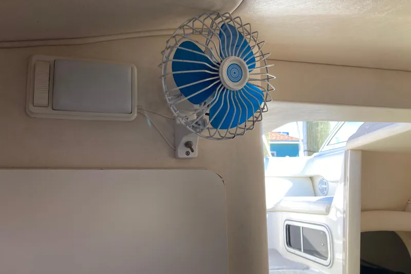 Slide: The Image of Interior of 2002 Sea Ray Sundancer 260 with blue fan and light fixture. - 41