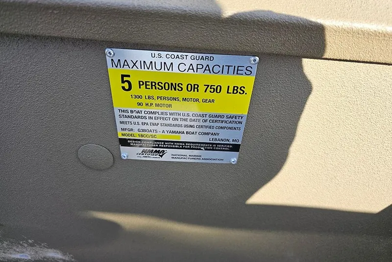 Slide: The Image of U.S. Coast Guard capacity label on 2026 G3 Gator Tough 18 CC boat. - 17