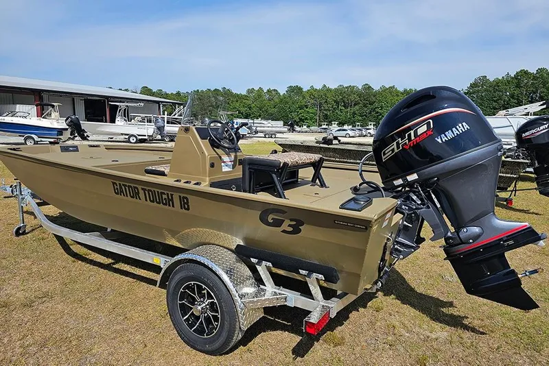 Slide: The Image of 2026 G3 Gator Tough 18 CC boat with Yamaha engine on trailer. - 3