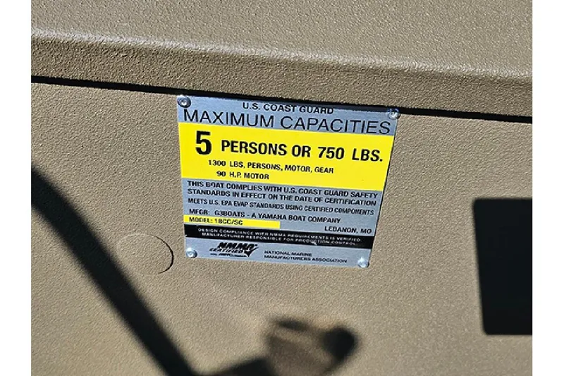 Slide: The Image of Capacity label on 2026 G3 Gator Tough 18 CC boat, max 5 persons or 750 lbs. - 31