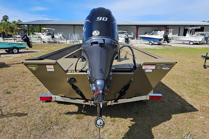 Slide: The Image of 2026 G3 Gator Tough 18 CC boat with 90 HP outboard motor on trailer. - 9
