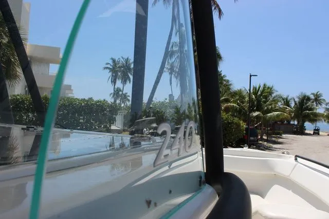 Slide: The Image of Sailfish 240 CC boat, 2015, with palm trees in the background. - 45