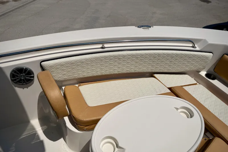 Slide: The Image of Luxurious seating on 2026 Sea Chaser 22 HFC boat with diamond-stitched upholstery. - 18