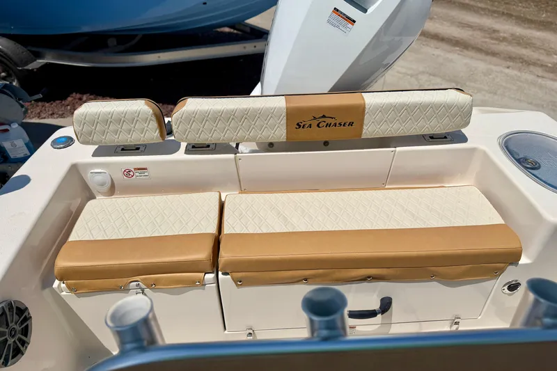 Slide: The Image of 2026 Sea Chaser 22 HFC boat seating with beige and tan upholstery. - 36