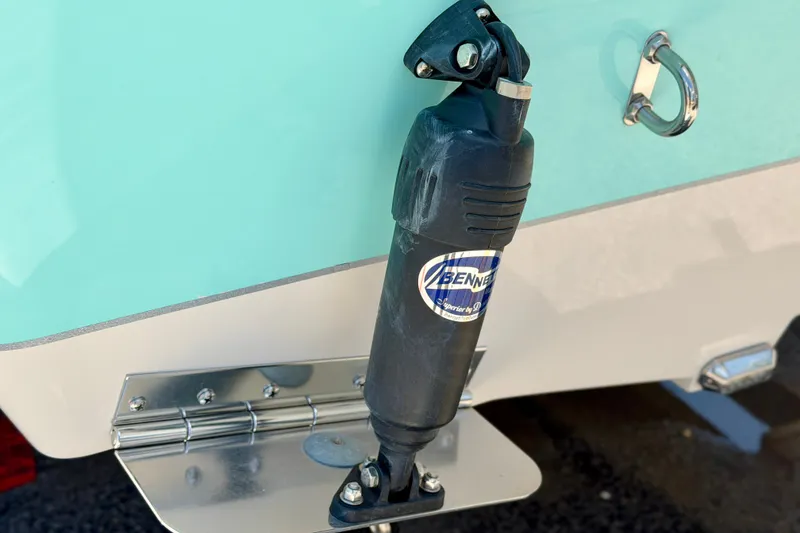 Slide: The Image of Trim tab actuator on 2026 Sea Chaser 22 HFC boat, featuring Bennett logo. - 6