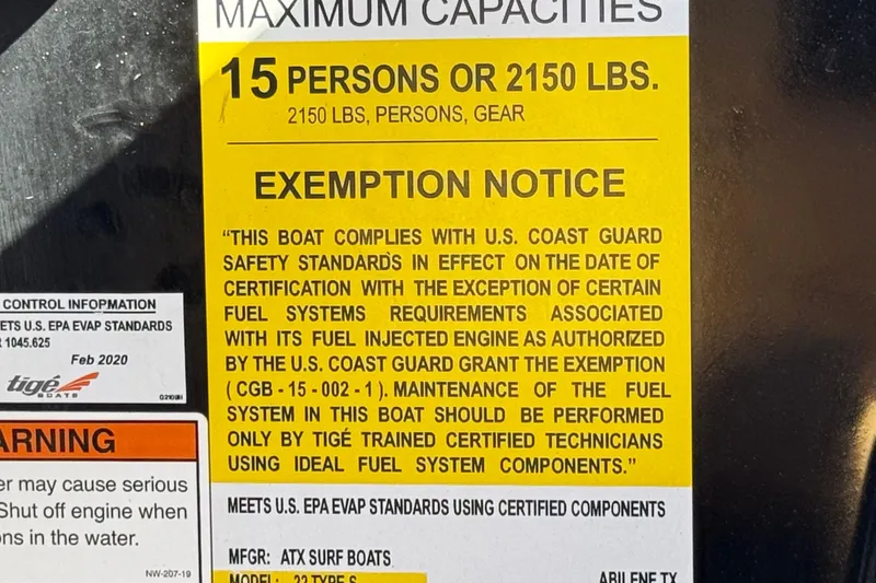 Slide: The Image of 2020 ATX 22 TYPE S boat capacity label: 15 persons or 2150 lbs, U.S. Coast Guard compliant. - 36