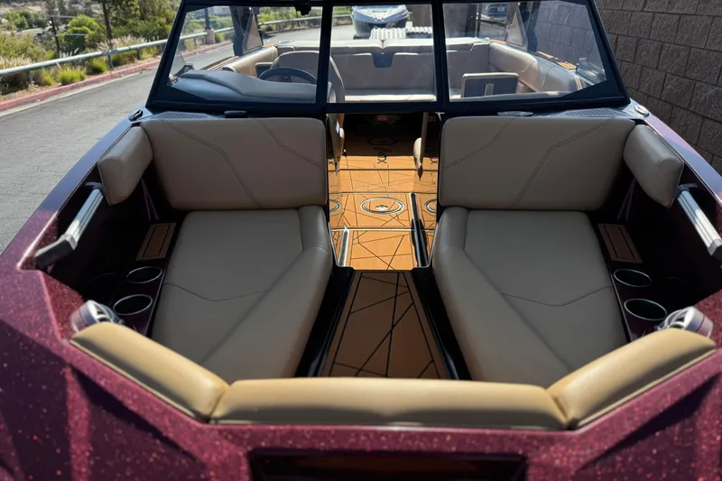 Slide: The Image of Interior of a 2020 ATX 22 TYPE S boat with tan seating and stylish flooring. - 9