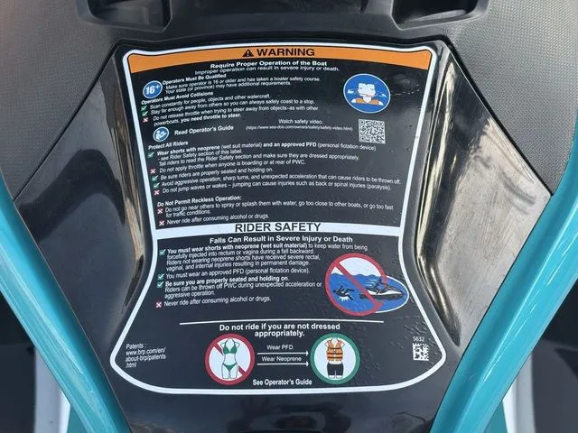 Slide: The Image of Safety warnings on a 2022 Sea-Doo GTX 130 PRO jet ski. - 14