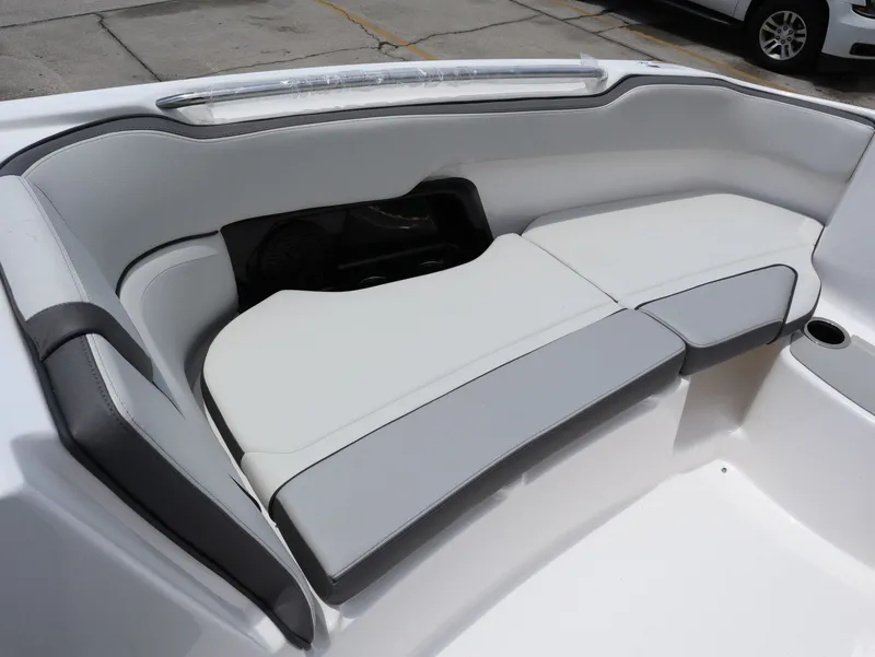Slide: The Image of Interior of Yamaha SX250 boat, 2026 model, featuring gray upholstery. - 15