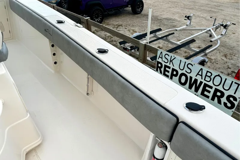 Slide: The Image of 2023 Sea Chaser 30 HFC CC boat interior with repower inquiry sign. - 26