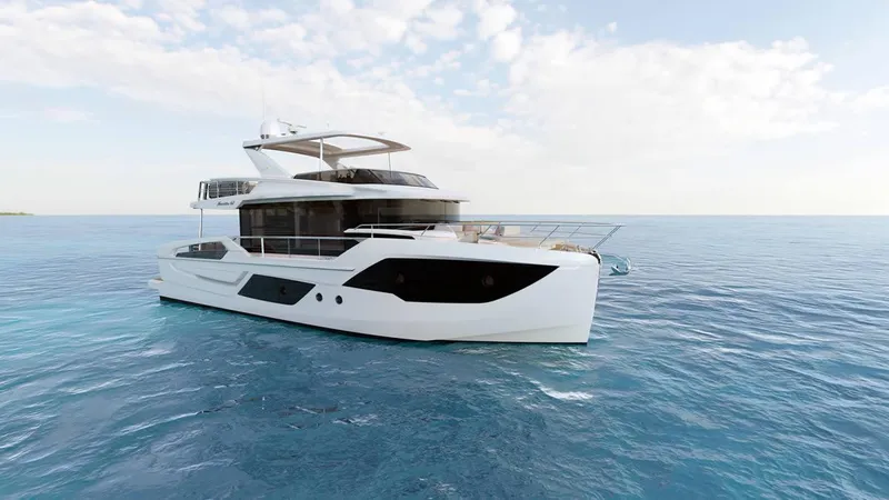 Slide: The Image of 2026 Absolute 62' Navetta yacht cruising on open sea under clear skies. - 2