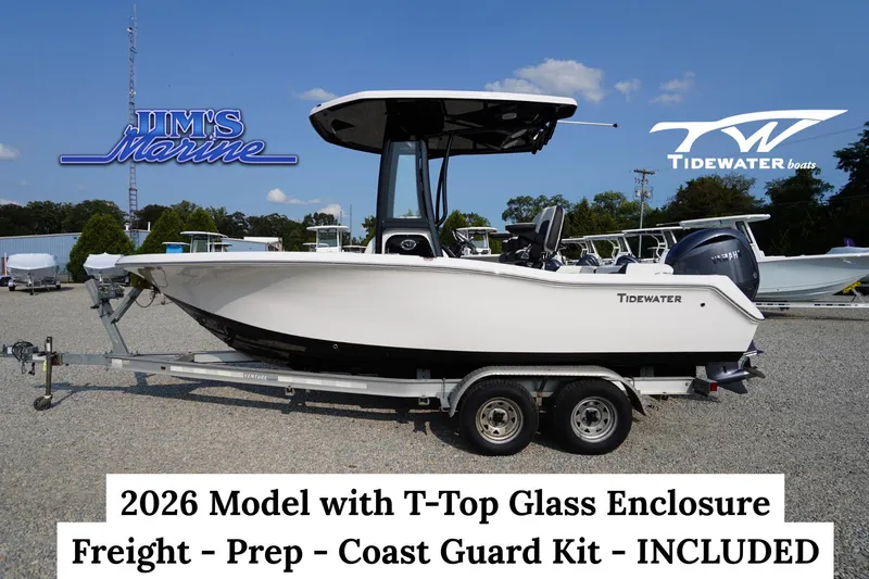 The Image of 2026 Tidewater 210 LXF boat with T-Top glass enclosure on trailer at Jim's Marine. - 0
