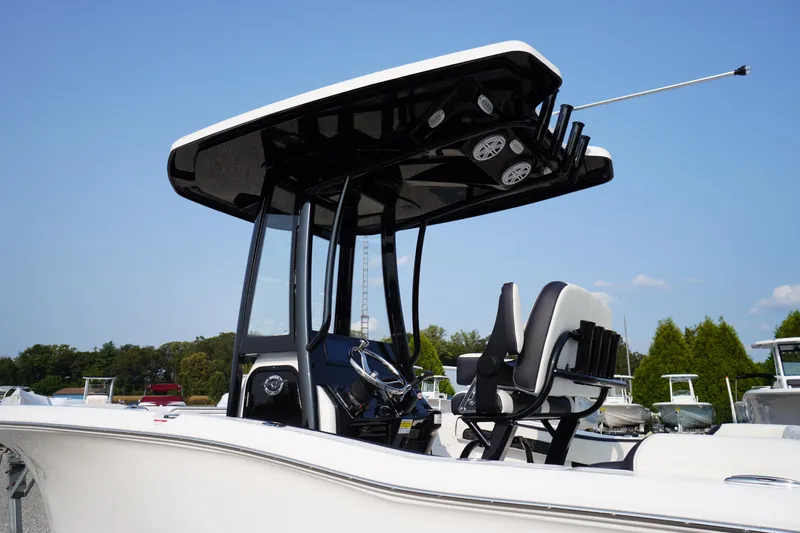 Slide: The Image of 2026 Tidewater 210 LXF boat with sleek design and modern features. - 56
