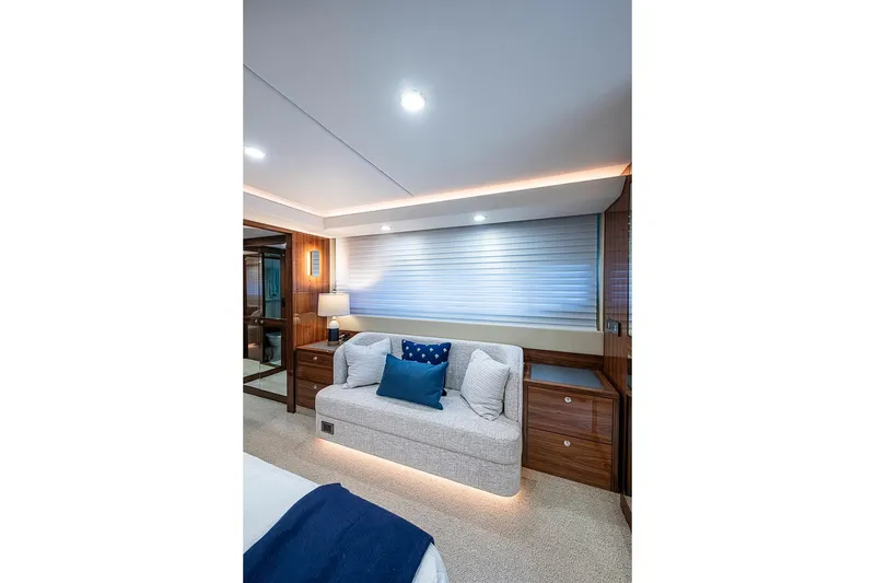 Slide: The Image of Luxurious interior of 2025 Maritimo M75 yacht with elegant seating and ambient lighting. - 103