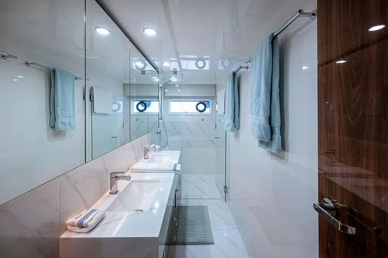Slide: The Image of Luxurious bathroom interior of 2025 Maritimo M75 yacht with modern fixtures and elegant design. - 109