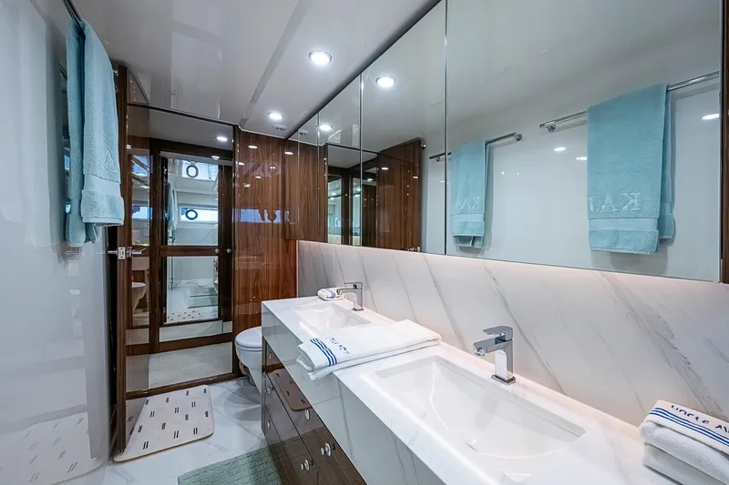 Slide: The Image of Luxurious bathroom interior of 2025 Maritimo M75 yacht with elegant fixtures and modern design. - 112