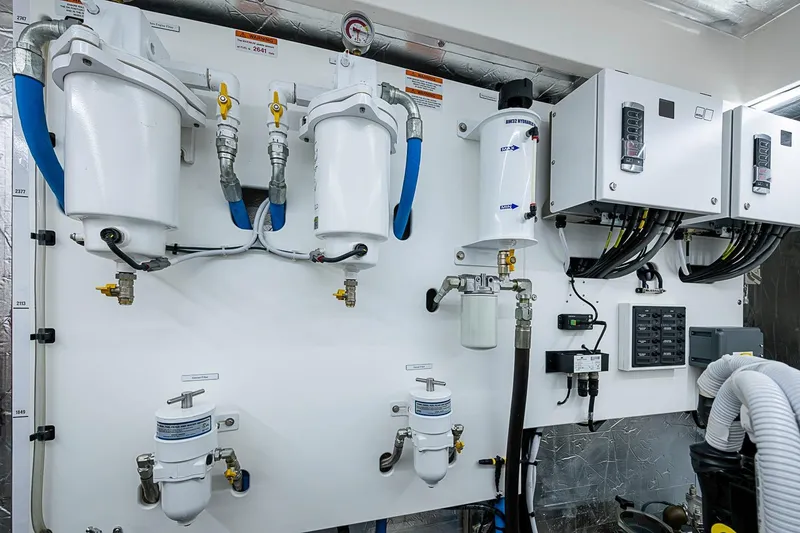 Slide: The Image of Engine room of 2025 Maritimo M75 yacht with advanced filtration systems. - 132