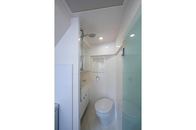 Slide: The Image of Modern bathroom interior of 2025 Maritimo M75 yacht, featuring sleek design and compact fixtures. - 135