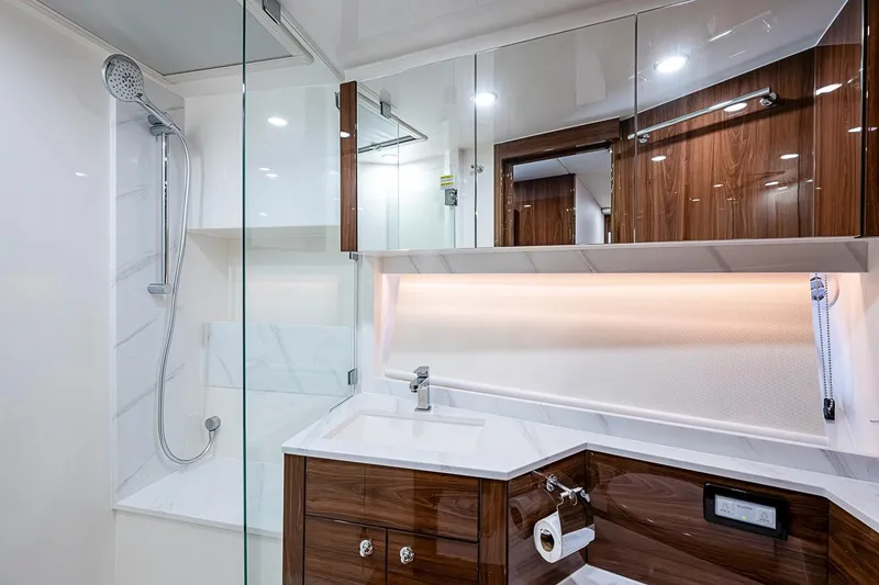 Slide: The Image of Luxurious bathroom interior of 2025 Maritimo M75 yacht with modern fixtures. - 91
