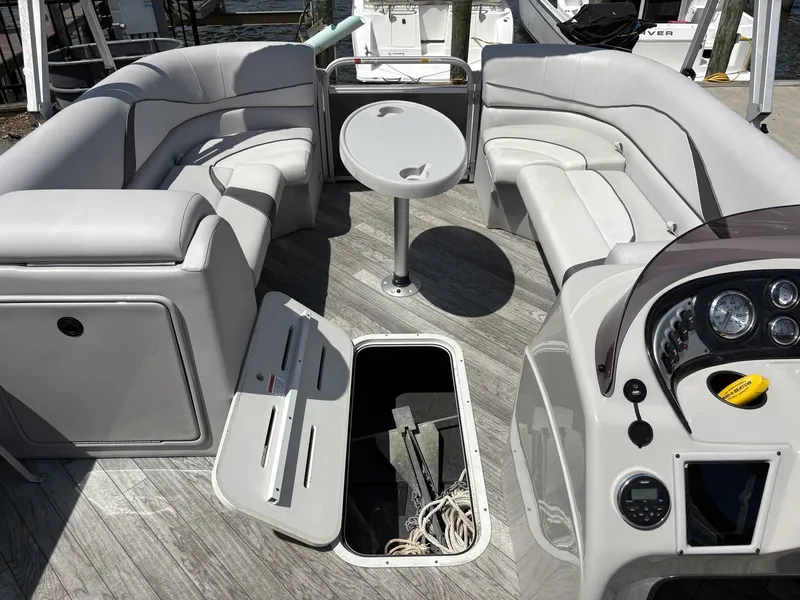 Slide: The Image of Interior of a 2018 G3 V322 SS pontoon boat with seating area. - 5