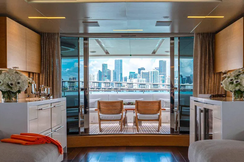 Slide: The Image of Luxurious interior of 2012 Benetti Classic Supreme 132 yacht with city skyline view. - 20