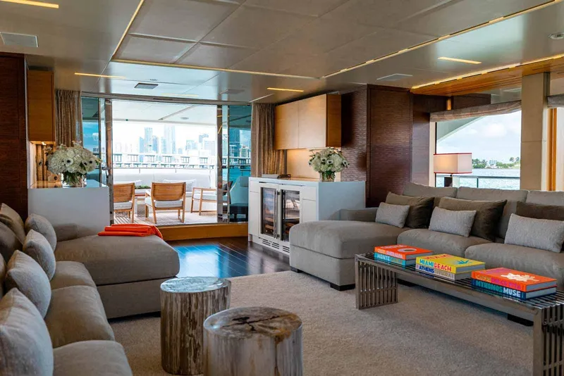 Slide: The Image of Luxurious interior of 2012 Benetti Classic Supreme 132 yacht with modern decor and city view. - 21