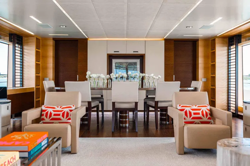 Slide: The Image of Luxurious interior of 2012 Benetti Classic Supreme 132 yacht, featuring elegant dining and seating area. - 22