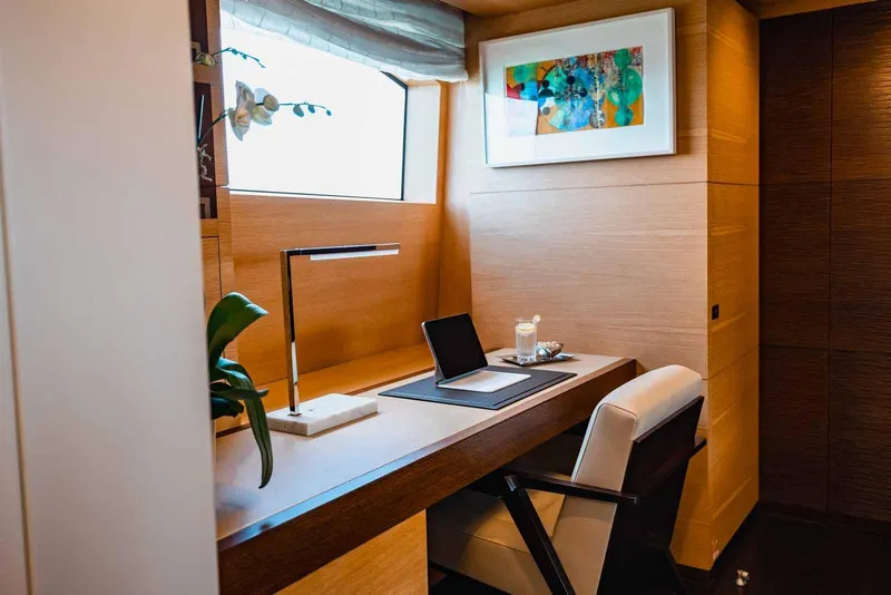 Slide: The Image of Luxurious yacht office space on 2012 Benetti Classic Supreme 132, featuring modern decor and artwork. - 30