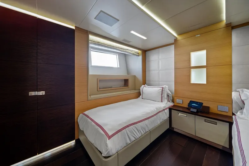 Slide: The Image of Luxurious cabin interior of 2012 Benetti Classic Supreme 132 yacht, featuring modern design and cozy bedding. - 44