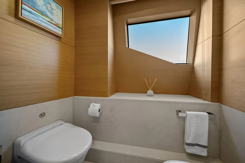 Slide: The Image of Luxurious bathroom on 2012 Benetti Classic Supreme 132 yacht, featuring modern design and elegant wood paneling. - 45