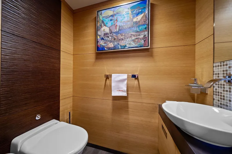 Slide: The Image of Luxurious bathroom on 2012 Benetti Classic Supreme 132 yacht with modern fixtures and artwork. - 48