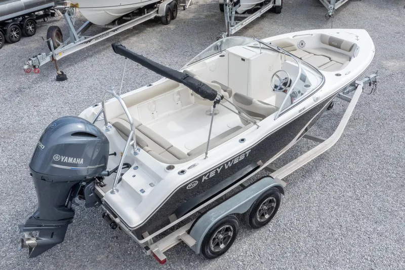 Slide: The Image of 2022 Key West 203 DFS boat with Yamaha engine on trailer, aerial view. - 5
