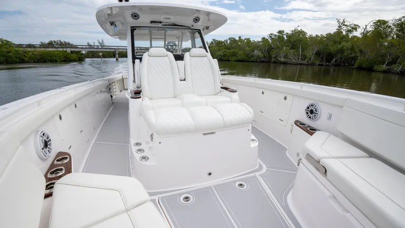 Slide: The Image of Interior view of the 2022 Everglades 395 Center Console boat. - 32