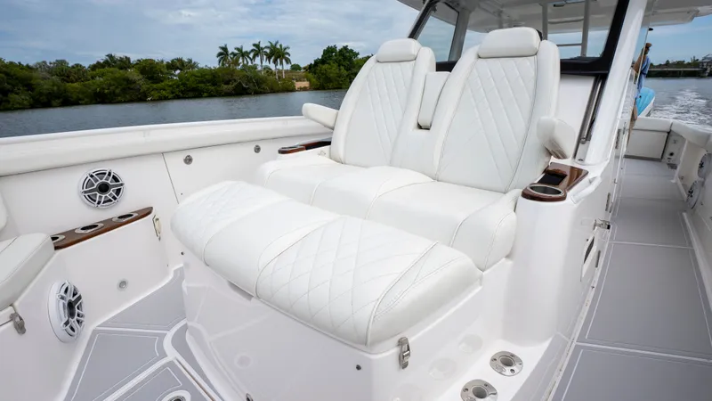 Slide: The Image of Luxurious seating on Everglades 395 Center Console boat, 2022 model. - 35