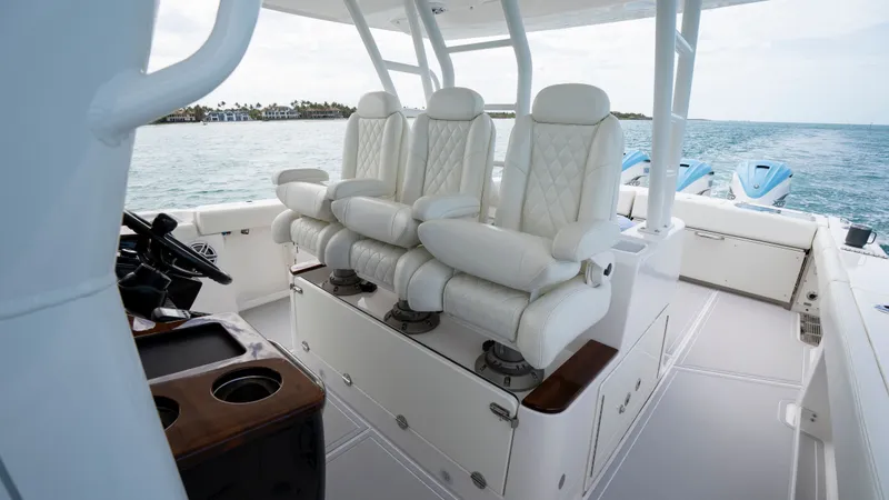 Slide: The Image of Luxurious seating on Everglades 395 Center Console boat, 2022 model. - 6