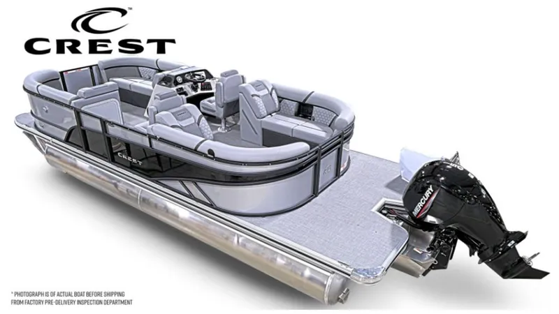 Slide: The Image of Crest Conquest 23 FT 2026 pontoon boat with Mercury outboard motor. - 5