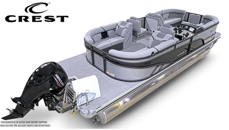 Slide: The Image of Crest Conquest 23 FT 2026 pontoon boat with luxurious design and Mercury engine. - 6