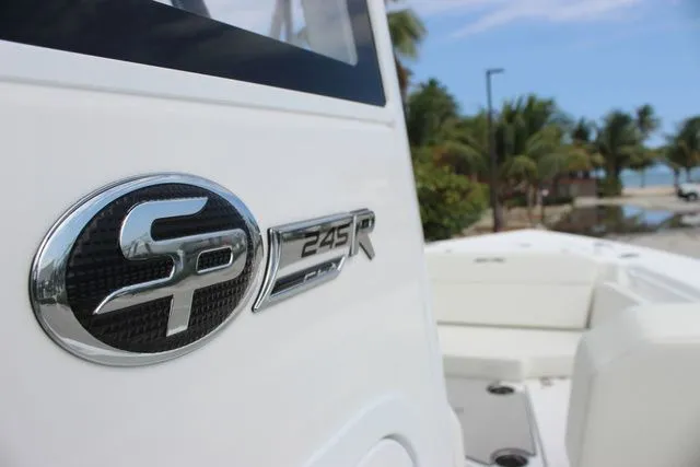 Slide: The Image of Sea Pro 245 FLXR Sandbar 2026 boat emblem by the beach. - 9