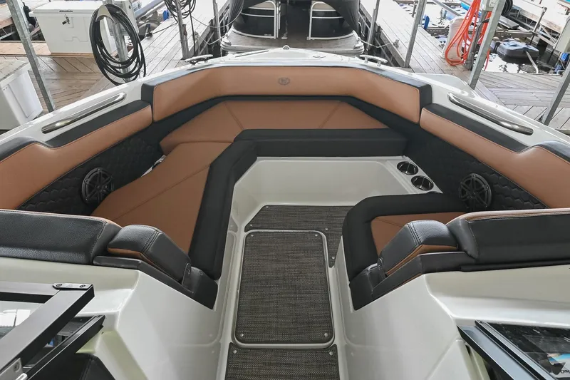 Slide: The Image of Interior of 2022 Cobalt R6 Surf boat with luxurious seating and modern design. - 38