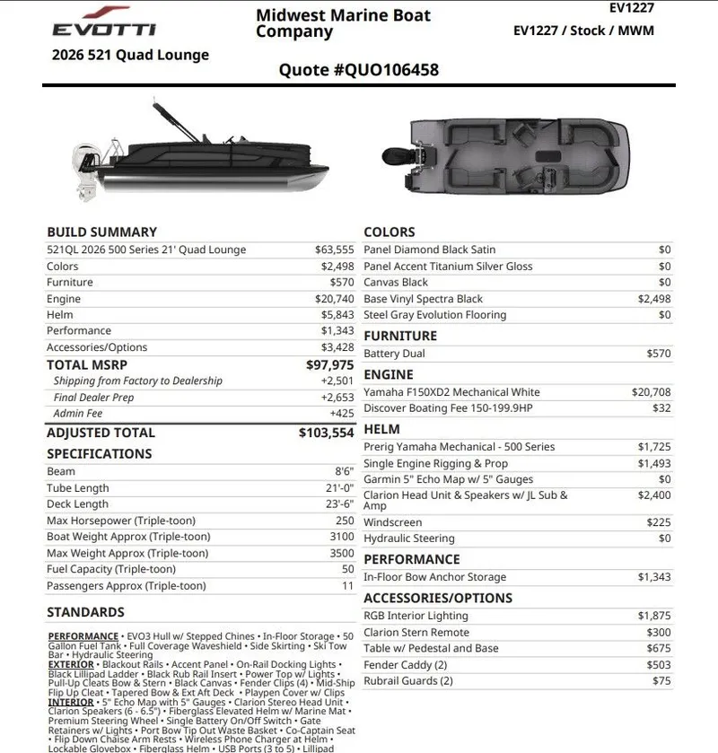 Slide: The Image of Evotti 521 QL 2027 boat specifications and pricing details. - 7