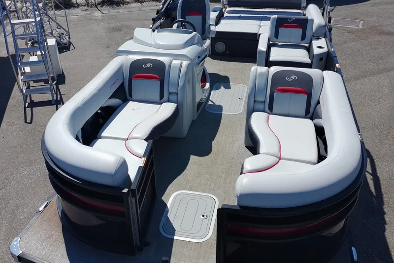 Slide: The Image of 2022 Barletta Corsa 23U pontoon boat with luxurious seating and modern design. - 16