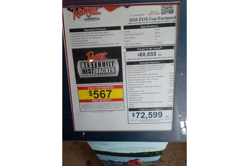 Slide: The Image of 2026 Ranger Z518 Cup-Equipped boat pricing and features display with warranty details. - 6