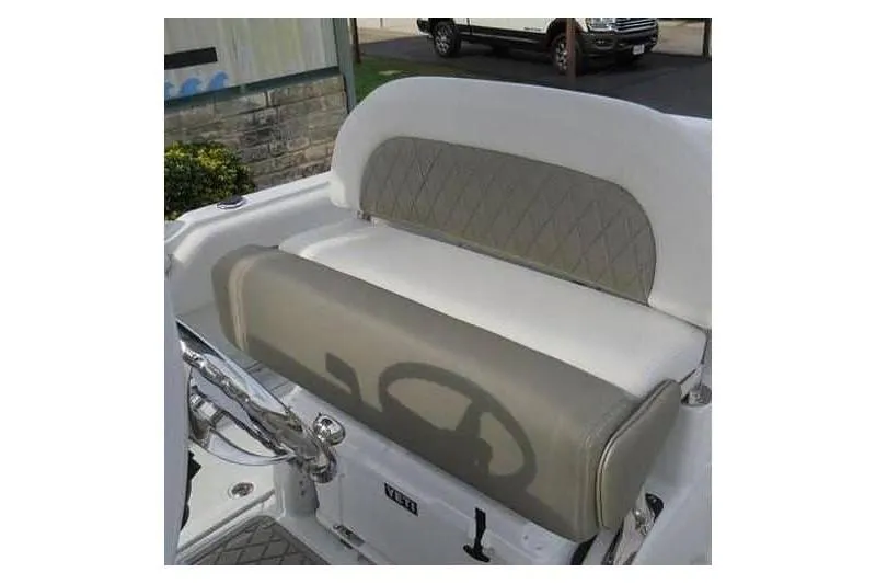 Slide: The Image of 2024 Finseeker 230 CC boat seat with elegant gray and white upholstery design. - 21
